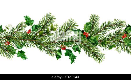 Cadre aquarelle avec branche d'épicéa, baies rouges, houx, neigeige. Hiver Noël verdure bordure sans couture. Décor pour cartes, invitations. Banque D'Images