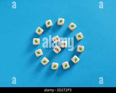 Cubes en bois avec des symboles co2 et feuilles vertes disposés en cercle sur fond bleu représentant la réduction et la compensation du dioxyde de carbone Banque D'Images