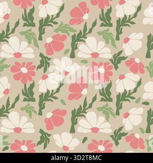 Motif fleuri sans couture Groovy. Fleur folklorique abstraite. Matisse courbes esthétiques. Ornement organique dans le style hippie rétro naïf tendance 60s 70s. Vecteur carré Illustration de Vecteur