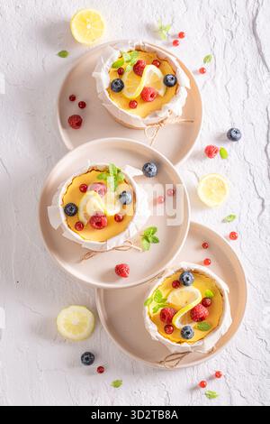 Gâteau au fromage New-yorkais traditionnel aromatisé à la vanille et au citron. Cheesecake au citron avec fruits à baies. Banque D'Images