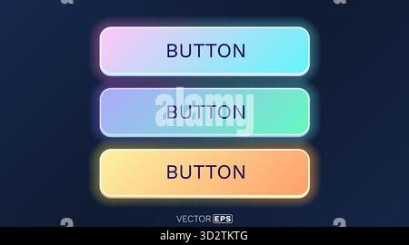 Boutons dégradés lumineux modernes avec effet néon pour un design d'interface utilisateur, avec des couleurs vives et un fond sombre. Illustration vectorielle. Illustration de Vecteur