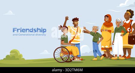 Paysage de dessin animé lumineux avec un groupe diversifié d'amis Illustration de Vecteur