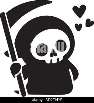 Cute Kawaii Death Character Vector Icon | tête de squelette noir et blanc Scythe avec symbole de coeur Illustration de Vecteur