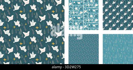 Collection de motifs sans couture Dove of Peace. Ensemble de fond de motif oiseaux folkloriques. Les pigeons volant sur le ciel répètent le fond. Vecteur à la main dessinée des colombes plates PRI Illustration de Vecteur