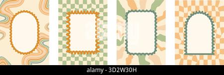 Ensemble de cadres funky géométriques festonnés. Arc groovy ondulé, rectangle et bordures ovales sur fond de damier et de lignes arc-en-ciel. Affiche avec stri vacillant Illustration de Vecteur