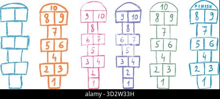 Jeux de terrain de jeu de houblon dessiné à la craie. Hop scotch jouer dessin sur asphalte isolé sur fond transparent. Animations en plein air pour enfants. VEC Illustration de Vecteur