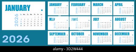 Année civile 2026. calendrier vectoriel. Calendrier sur fond blanc pour les entreprises. La semaine commence dimanche. modèle, design simple et propre. Illustration de Vecteur