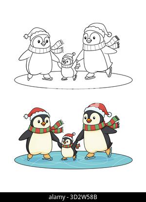 Page de coloriage hiver de patinage sur glace de la famille Penguin pour les enfants Illustration de Vecteur