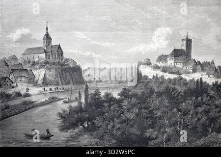 Blick auf Lauffen am Neckar, 1869, Burg und Regiswindiskirche, Landkreis Heilbronn, Bade-Württemberg, Duetschland, illustration, Historisch, Reproduk Banque D'Images