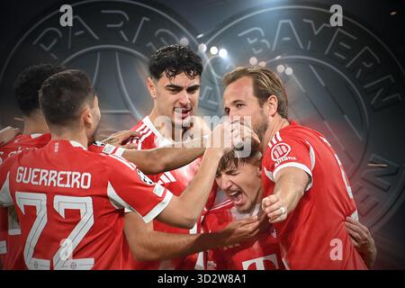 Munich, Deutschland. 03 Nov, 2025. ATTENTION MONTAGE PHOTO : Preview Paris Saint-Germain - FC Bayern Munich Football Champions League, saison 2025/26. Paris Saint-Germain - le FC Bayern Munich veut aussi célébrer à Paris : de droite : Harry Kane (FC Bayern Munich), Lennart Karl (FC Bayern Munich), Aleksandar Pavlovic (FC Bayern Munich), Raphael Guerreiro (FC Bayern Munich), Luis Diaz (FC Bayern Munich).  ? Crédit : dpa/Alamy Live News Banque D'Images