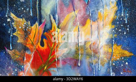 Peinture abstraite de feuilles d'automne. Composition vivante avec des feuilles d'automne brillantes, des gouttes de pluie de peinture et des textures audacieuses sur toile, style expressif Banque D'Images
