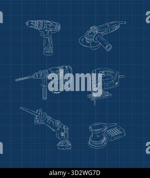 Jeu d'outils de construction électrique perceuse, meuleuse d'angle, perceuse à percussion, scie sauteuse, scie alternative, dessin de ponceuse dans le style graphique sur fond bleu Illustration de Vecteur