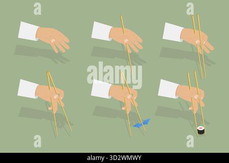 Illustration conceptuelle plate isométrique 3D de la façon d'utiliser des baguettes, cuisine orientale illustration conceptuelle plate isométrique 3D de la façon d'utiliser des baguettes, cuisine orientale Banque D'Images