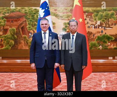Pékin, Chine. 3 novembre 2025. Zhao Leji, président du Comité permanent de l'Assemblée populaire nationale (APN), rencontre Marko Lotric, président du Conseil national de Slovénie, à Pékin, capitale de la Chine, le 3 novembre 2025. Crédit : Rao Aïmin/Xinhua/Alamy Live News Banque D'Images
