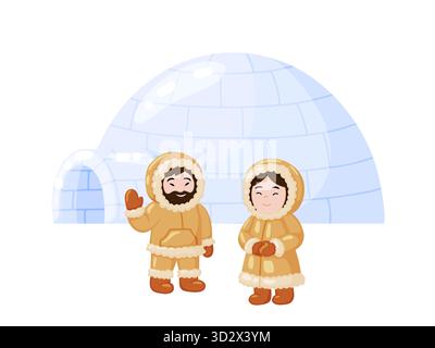 Charmante illustration de dessin animé d'un homme et d'une femme Inuits heureux portant des vêtements chauds traditionnels en fourrure, debout devant un igloo bleu glacé. Parfait fo Illustration de Vecteur