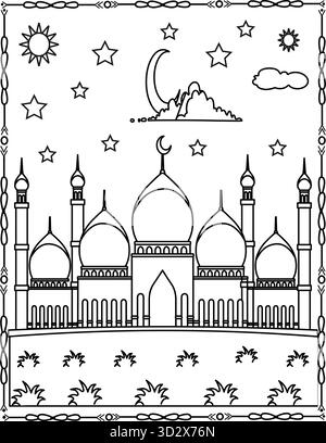 Belle page de coloriage de mosquée. Art islamique avec Moon et Stars, Ramadan et Eid Coloring Design pour les enfants. Illustration de Vecteur