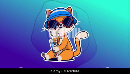 Siroter chat orange portant chapeau seau, lunettes de soleil contre gradient, avec paille rayée et verre Banque D'Images