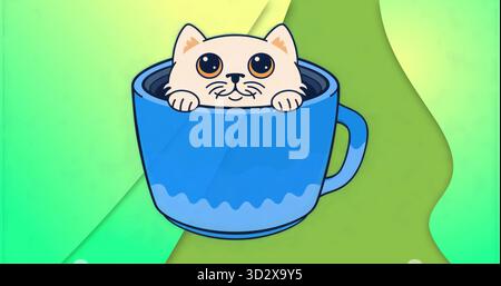 Chat de bande dessinée jetant un coup d'œil sur le bord de la tasse en céramique bleue en arrière-plan abstrait, avec des formes dégradées Banque D'Images