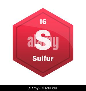 Carreau pour ELEMENTS chimiques soufrés. Numéro atomique 16. S signe chimique. Hexagone vecteur rouge profond. SPE 10. Illustration de Vecteur