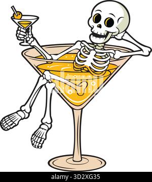 Cette illustration colorée présente un squelette ludique se prélassant dans un grand verre à martini rempli d'une boisson jaune vibrante. Le squelette, avec un chee Illustration de Vecteur