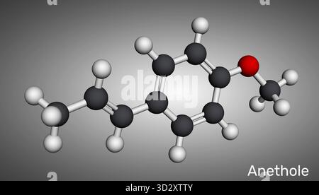 Molécule d'anéthole (E-anéthole). Composé aromatisant de l'anis et du fenouil, arôme sucré pour la saveur et le parfum. Formule chimique squelettique. Mode moléculaire Banque D'Images