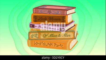 Affichage d'une pile de livres à couverture rigide décorative debout sur fond dégradé, avec des titres de dos visibles Banque D'Images