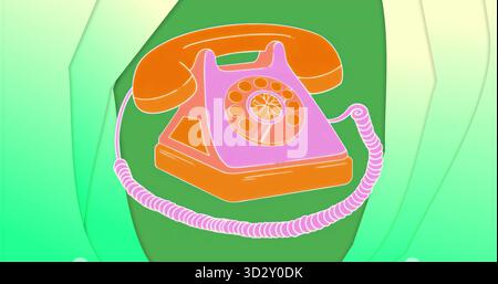 Affichage graphique représentant un téléphone rotatif classique avec cordon enroulé, sur des formes vertes superposées Banque D'Images
