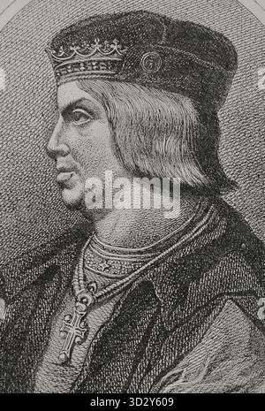 Ferdinand II d'Aragon, dit catholique (1452-1516). Roi de la Couronne d'Aragon. Roi de Castille comme Ferdinand V (1474-1504). Portrait. Gravure. Banque D'Images