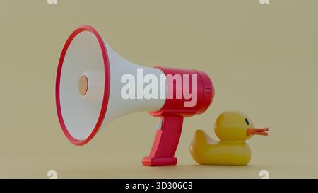 Une illustration 3d de canard en caoutchouc jaune avec mégaphone flottant à proximité suggérant une activité amusante et de loisirs Banque D'Images