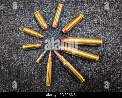 Une collection diversifiée de calibres de munitions d'armes à feu, comparant 22LR, des cartouches de pistolet Magnum et 45-70 cartouches de fusil gouvernemental sur fond sombre. Banque D'Images