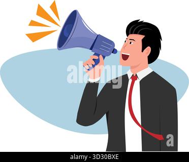 Travailleur de bureau de dessin animé dans le geste de parler à travers le mégaphone pour une utilisation dans des publicités, des présentations, des brochures, des blogs, des documents et des formulaires Illustration de Vecteur