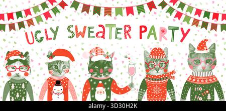 Jolie bannière de pull de Noël laid avec des chats hipster amusants avec chapeaux de Père Noël, lunettes et chapeaux en rouge et vert, style de collage demi-ton Illustration de Vecteur