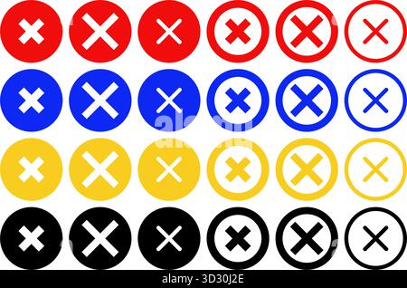 Ensemble d'icônes vectorielles de marque en croix (marque x) avec des styles de remplissage et de contour en rouge, bleu, jaune et noir avec des épaisseurs et des épaisseurs de ligne variables Illustration de Vecteur