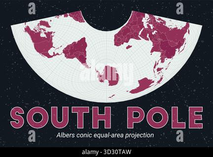 Pôle Sud. Carte du monde. Projection conique d'Albers à aire égale centrée sur le pôle Sud. Palette Pink foncé menthe pâle. Texture vintage. Illustration de Vecteur