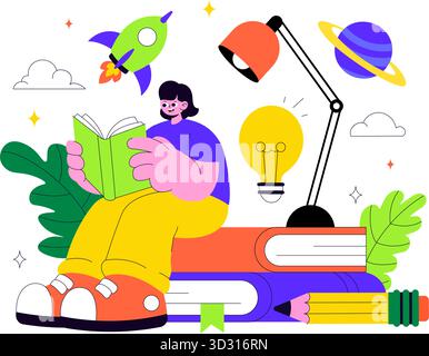 Événements de la semaine du livre illustration vectorielle avec des gens lisant et des étudiants étudiant des manuels scolaires pour l'alphabétisation dans un fond de dessin animé de style plat Illustration de Vecteur