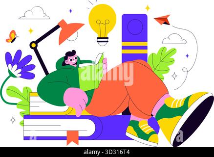 Événements de la semaine du livre illustration vectorielle avec des gens lisant et des étudiants étudiant des manuels scolaires pour l'alphabétisation dans un fond de dessin animé de style plat Illustration de Vecteur