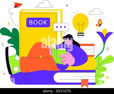 Événements de la semaine du livre illustration vectorielle avec des gens lisant et des étudiants étudiant des manuels scolaires pour l'alphabétisation dans un fond de dessin animé de style plat Illustration de Vecteur