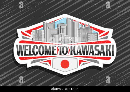 Logo vectoriel pour Kawasaki, étiquette de papier découpé décoratif avec illustration de contour du paysage de ville panoramique de kawasaki sur fond de ciel de jour, frid de conception d'art Illustration de Vecteur