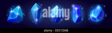 Pierres précieuses bleues serties isolées sur fond. Illustration vectorielle de dessins animés de cristaux de diamant chatoyants, d'éléments de conception de jeu de trésor, de pierres précieuses magiques brillantes dans l'obscurité, de bijoux fantastiques, d'icônes de casino Illustration de Vecteur