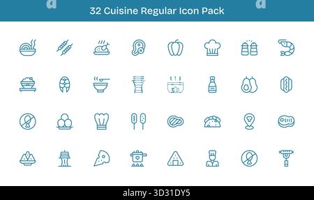 Collection de 32 icônes vectorielles de style ligne régulière pour la cuisine, conçues pour la clarté et la polyvalence. Illustration de Vecteur