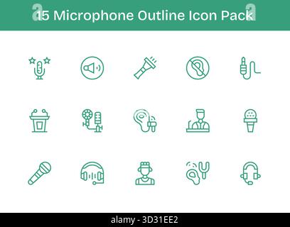 Ce pack d'icônes microphone comprend 15 vecteurs Outline, parfaits pour améliorer les interfaces numériques. Illustration de Vecteur