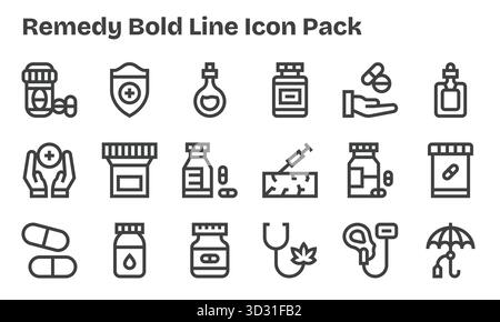 Un ensemble polyvalent de 18 icônes vectorielles Bold Line axées sur Remedy, idéal pour les applications mobiles et Web. Illustration de Vecteur