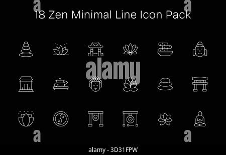 Une collection épurée de 18 icônes minimal Line représentant le Zen, conçue pour les tableaux de bord et les interfaces modernes. Illustration de Vecteur