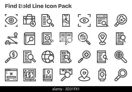 Cet ensemble de 28 icônes Extra Bold Line capture des thèmes de recherche, parfaits pour les applications technologiques et commerciales. Illustration de Vecteur