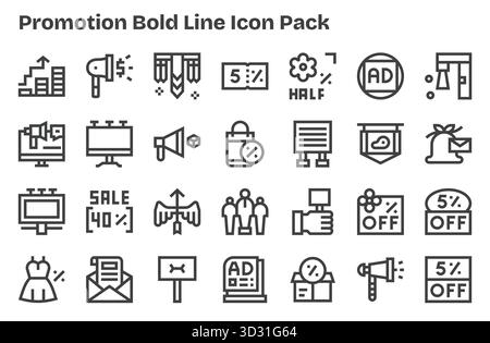 Cet ensemble de 28 icônes Extra Bold Line capture des thèmes promotionnels, parfaits pour les applications technologiques et commerciales. Illustration de Vecteur
