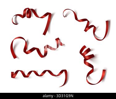 Rubans de satin rouge avec texture brillante isolés sur fond blanc - bandes enroulées et torsadées pour l'emballage cadeau, la décoration de vacances ou la conception de célébration. Éléments de ruban en soie brillante en forme de spirale. Illustration de Vecteur