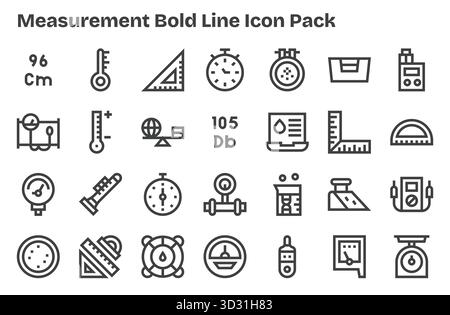 Cet ensemble de 28 icônes Extra Bold Line capture des thèmes de mesure, parfaits pour les applications technologiques et commerciales. Illustration de Vecteur