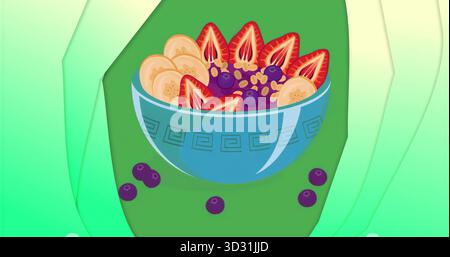 Affichage bol en céramique bleu contenant des fraises, des bananes, des bleuets, du granola sur un plan vert Banque D'Images