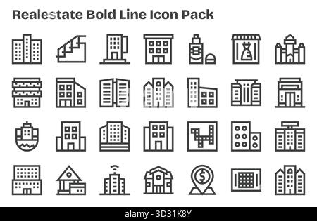 Cet ensemble de 28 icônes Extra Bold Line capture des thèmes immobiliers, parfaits pour les applications technologiques et commerciales. Illustration de Vecteur