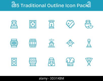 Un ensemble polyvalent de 15 icônes vectorielles Outline axées sur le traditionnel, idéal pour les applications mobiles et Web. Illustration de Vecteur